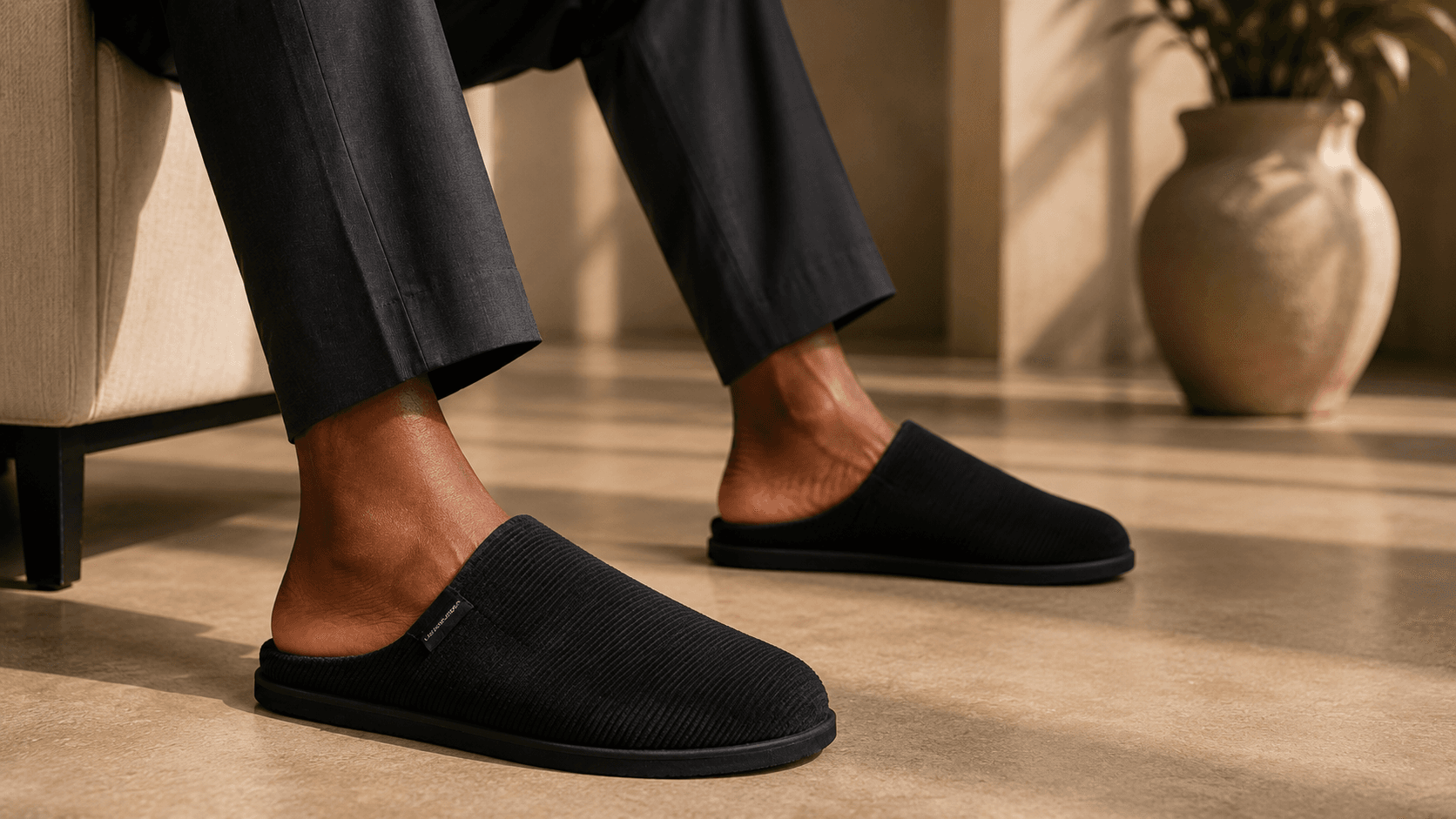 Man wearing LeatherGear mules in a warm interior